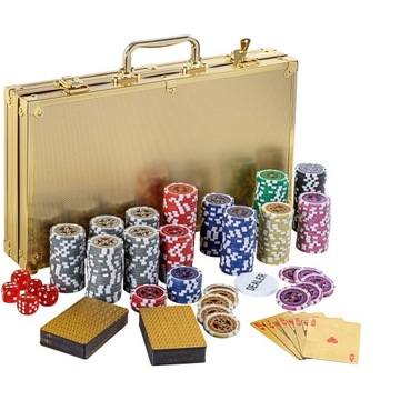 ZŁOTY ZESTAW DO GRY W POKERA ŻETONY 300 NOMINAŁY + MATA POKER + GRATISY