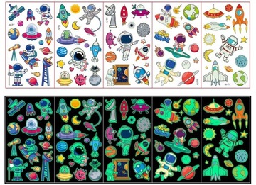 TATUAŻE ZMYWALNE KALKOMANIE ŚWIECĄCE W CIEMNOŚCI ASTRONAUCI KOSMOS 5 ARKU.