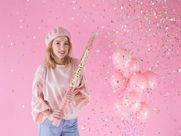 Tuba strzelająca, wystrzałowe konfetti, srebrno-złote kółka, urodziny, 80cm