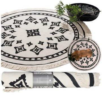 OKRĄGŁY DYWAN 90cm Z FRĘDZLAMI STYL BOHO 100% BAWEŁNA PŁASKO TKANY