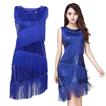 Damska sukienka z cekinami, frędzlami, brokatowa suknia wieczorowa w kolorze niebieskim