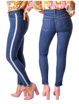 spodnie JEANS DAMSKIE z lampasem POSTRZĘPIONE 46