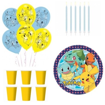 Zestaw urodzinowy Pokemon papierowe kubki talerzyki balony świeczki