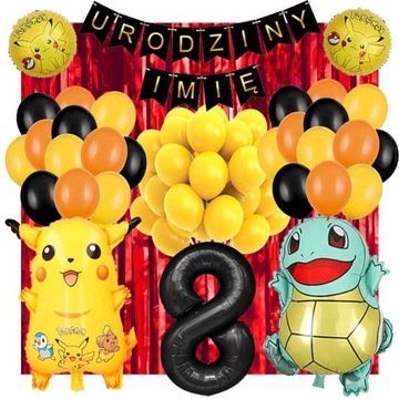 ŚCIANKA DEKORACJE ZESTAW BALONÓW POKEMON NA 8 URODZINY + DOWOLNE IMIĘ 59SZT