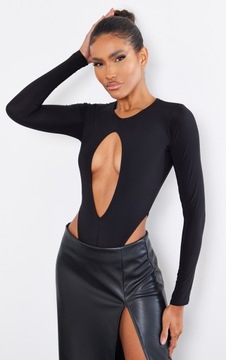 PrettyLittleThing BODY Z WYCIĘCIEM GŁĘBOKI DEKOLT CZARNE RM L110103