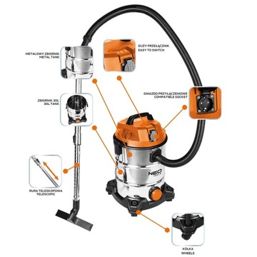 NEO ПРОМЫШЛЕННЫЙ СТРОИТЕЛЬНЫЙ ПЫЛЕСОС 1400ВТ 30Л ВЛАЖНАЯ СУХАЯ ДЛЯ ШТУКАТУРКИ + АКСЕССУАРЫ