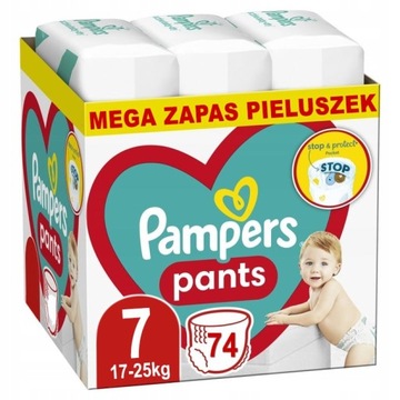 PAMPERS PANTS 7 ROZMIAR PIELUCHOMAJTKI DLA DZIECI 17-25kg MEGA ZAPAS 74zt