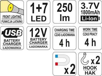 АККУМУЛЯТОРНАЯ ЛАМПА YATO ДЛЯ МАСТЕРСКОЙ 3 Вт 250 лм COB LED YT-08504