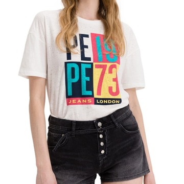 Koszulka PEPE JEANS damska z nadrukiem t-shirt kremowa regular fit XS