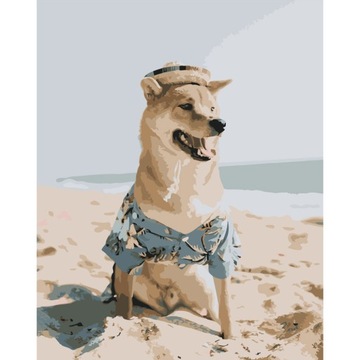 MALOWANIE PO NUMERACH obraz na prezent, Piesek Shiba Inu na morze 40x50
