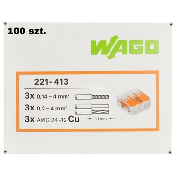 WAGO SZYBKOZŁĄCZKA 3x0,14-4mm2 221-413 100 szt