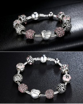 Bransoletka Srebrna Modułowa 20 cm Serce Koraliki Charms Beads Różowa