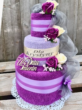 Prezent na Rocznicę Ślubu Tort z 4 Grubych Ręczników Kwiaty Róże Mydlane