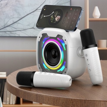 Набір караоке BLUETOOTH колонка 2 мікрофони LED RGB USB AUX білий
