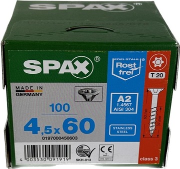 SPAX Wkręty nierdzewne 4,5x60mm A100 gwint częścio