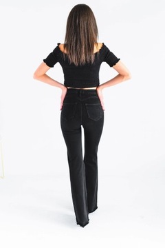 Czarne damskie spodnie dzwony jeans PUSH UP wysoki stan szeroka nogawka XS