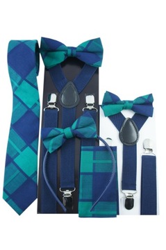 Szelki do spodni + krawat W KRATĘ zielony męski na wesele święta do pracy