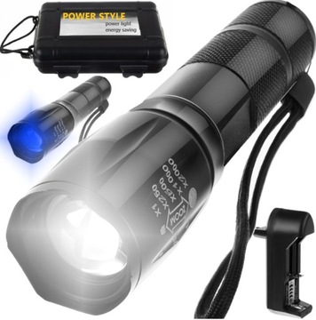 Latarka taktyczna wojskowa mocna szperacz CREE XPE LED ZOOM z UV aku + etui