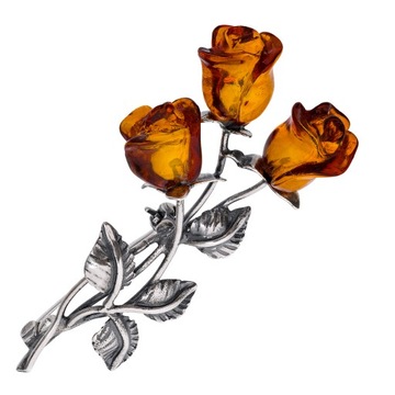 Серебряная брошь с тремя янтарными розами