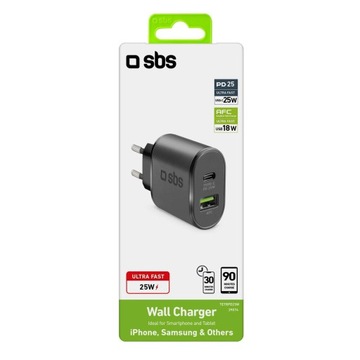 SBS PD 1xUSB 1xUSB-C Сетевое зарядное устройство 25 Вт, черный