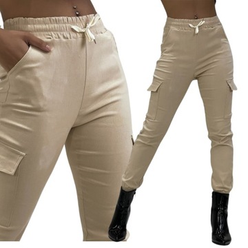 W774 BEŻOWE BEŻ BOJÓWKI SPODNIE NA GUMCE GUMIE z kieszeniami JOGGERY 40 LXL