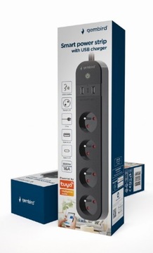 Удлинительный кабель SMART WiFi Tuya Power Strip, 4x AC, 3x USB, 1,5 м, черный