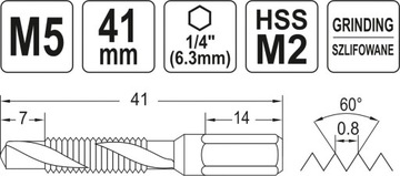 WIERTŁO GWINTOWNIK M5 0.8 mm HEX 1/4 STAL HSS YATO