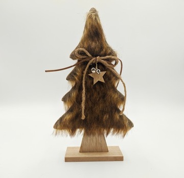 CHOINKA DREWNIANA ZE SZTUCZNYM FUTREM I KOKARDĄ BRĄZOWA OZDOBA ŚWIĄTECZNA