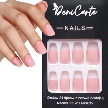 PAZNOKCIE SZTUCZNE TIPSY SHORT SQUARE JASNY RÓŻ KWADRAT SAMOPRZYLEPNE 24SZT