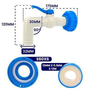 Клапан MAUZER PP, 32 мм, 1 90, кран для бака, бочки IBC на 1000 л, СОЕДИНИТЕЛЬ ТРУБНОГО ШЛАНГА