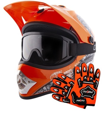 ZESTAW MOTOCYKLOWY DLA DZIECKA KASK CROSS XS GOGLE RĘKAWICE