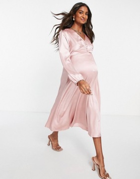 MATERNITY SUKIENKA MIDI SATYNOWA RÓŻOWA M 493
