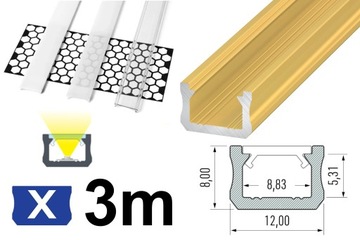 PROFIL DO LED ZŁOTY 3M TYP X 12mm WĄSKI, NISKI + KLOSZ PVC