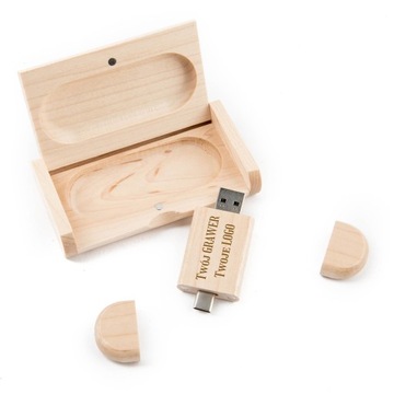 Pendrive drewno KLON 64 GB 3.0 + 3.2 USB-C TYP C + BOX + TWÓJ GRAWER LOGO
