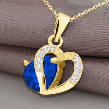 Złoty Naszyjnik 925 Niebieskie Kryształowe Serce z Cyrkoniami + NADRUK