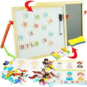 Tablica Dwustronna Magnetyczna Kredowa Drewniana + Puzzle Magnetyczne
