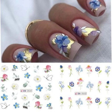 ВОДНЫЕ НАКЛЕЙКИ для украшения ногтей, лист из 12 рисунков, цветы, летние украшения