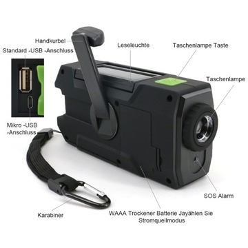 FM/AM/SOS солнечное радио с динамо-ручкой, фонарик 2000 мАч