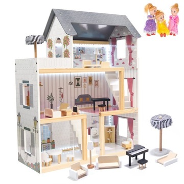Domek dla lalek drewniany + mebelki 78cm oświetlenie LED + 3 LALKI