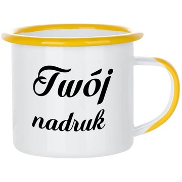 KUBEK METALOWY EMALIOWANY Z TWOIM NADRUKIEM - ŻÓŁTY RANT I USZKO - VINTAGE