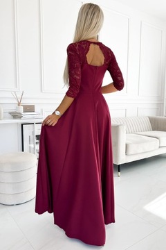 AMBER elegantné dlhé maxi šaty s čipkovaným výstrihom BORDOVÁ - XL