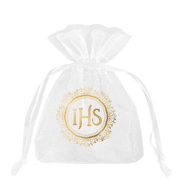 WORECZKI Z ORGANZY na Komunie IHS białe 10 szt na upominki dla gości