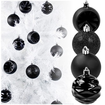 BOMBKI CHOINKOWE BĄBKI NA CHOINKĘ ZESTAW NIETŁUKĄCE CZARNE WZORY MATOWE 24
