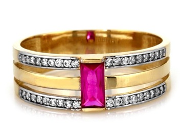 Złoty pierścionek obrączkowy z czerwonym kamieniem rubinem r23
