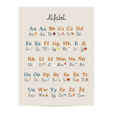 Plakat Alfabet Montessori dekoracja ozdoba pokój chłopca 21x30 cm A4