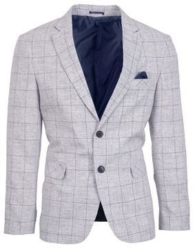 MARYNARKA MĘSKA ELEGANCKA WIZYTOWA GRANATOWY MELANŻ W KRATĘ BAWEŁNA 48