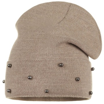 BEŻOWA CZAPKA DAMSKA BEANIE FUTRZANA JESIENNO ZIMOWA POLSKA MARKA MAJKA