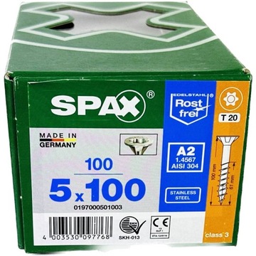 Wkręty NIERDZEWNE 5x100mm, Wkręty do drewna 100szt, Stal szlachetna A2 SPAX
