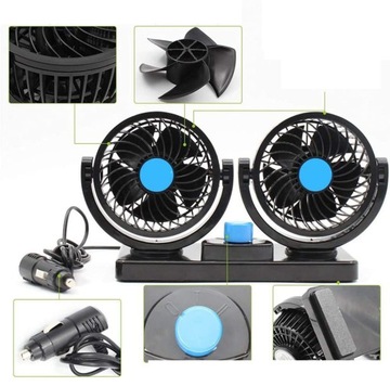 WENTYLATOR SAMOCHODOWY 12V PODWÓJNA GŁOWICA OBROTOWA 360 STOPNI DO POJAZDU
