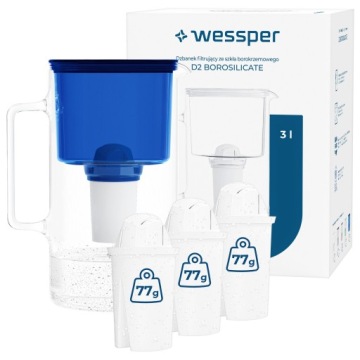 Filtrační konvice skleněná Wessper D2 Borosilicate 3l modrá 4x filtr